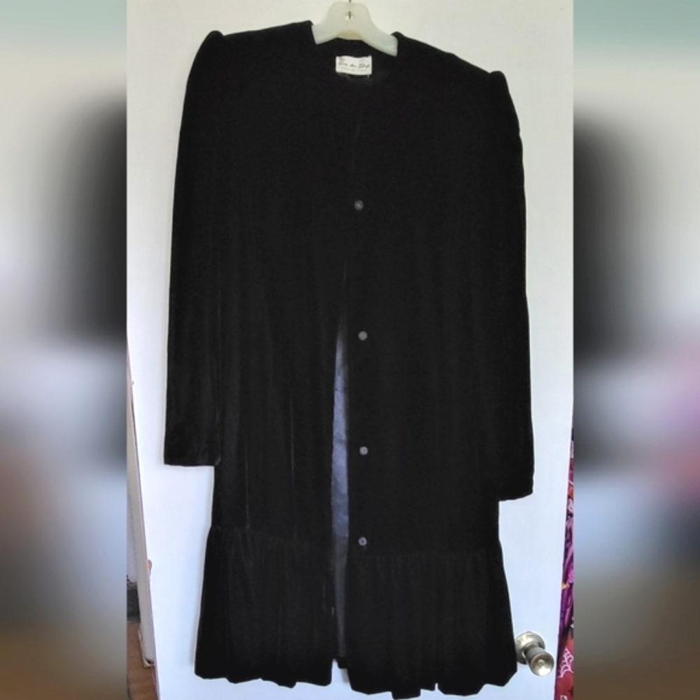 Vintage 80s "The Sea Air Shop" Black Velvet Buttoned Dress Coat with Ruffle